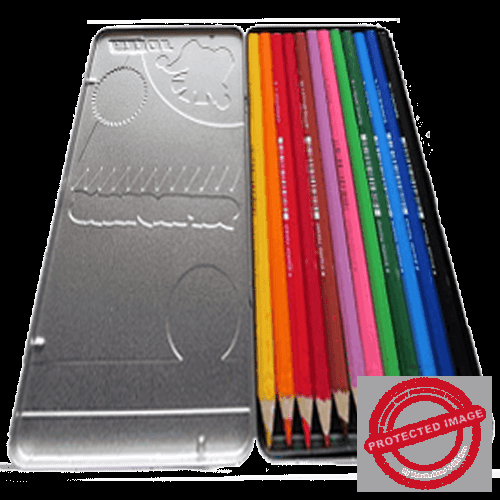 colored pencils in silver box